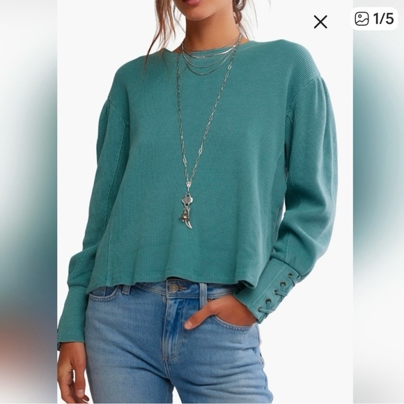 Free People We the Free Lapis Cuff Waffle Knit Top in Black-XL - Picture 5 of 10